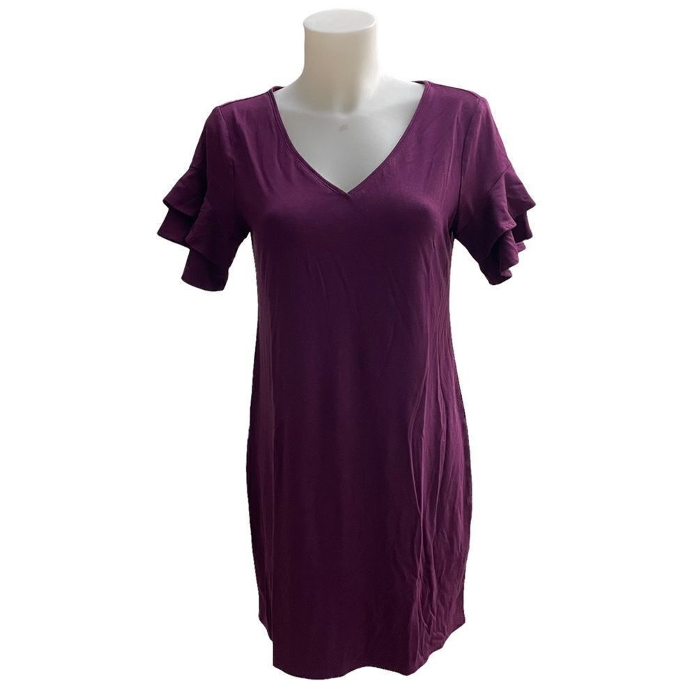 WHITE‎ HOUSE BLACK MARKET PURPLE SHIFT DRESS, V neck SHORT FLUTTER SLEEVE SZ M